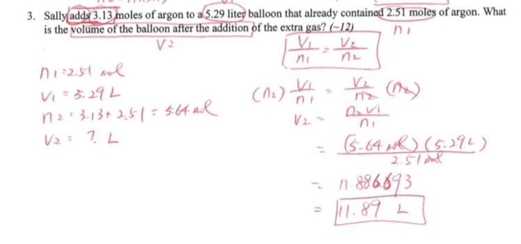 Sally adds 3.13 moles of argon to a 5.29 liter balloon that already contained 4.21 moles-example-1