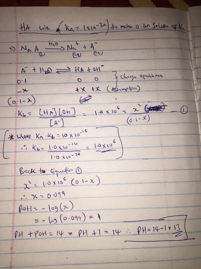 Consider an exceptionally weak acid, HA, with a Ka = 1x10 -20 . You make a 0.1M solution-example-1