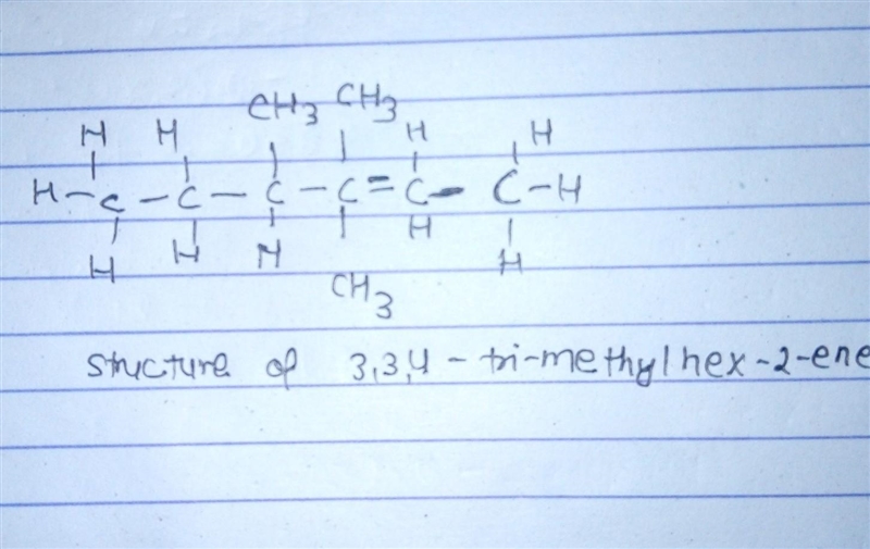 Draw the structure for : 3,3,4-trimethylhex-2-ene-example-1