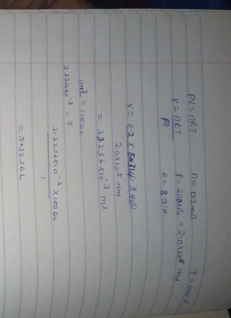 What is the volume of 0.200 mol of an ideal gas at 200. kPa and 400. K? Use P V equals-example-1