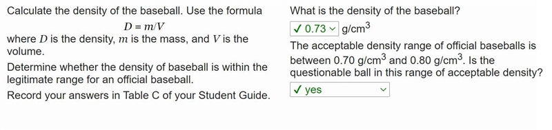 Calculate the density of the baseball. Use the formula D= m/V where D is the density-example-1