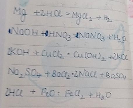 1. Mg + HCl  … + …. 2. NaOH + HNO3  … + …. 3. KOH + CuCl2  … + …. 4. Na2SO4 + BaCl-example-1