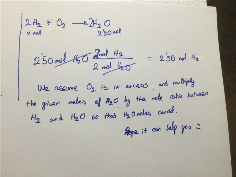 If 2.5 moles of H2O are needed to be produced, how much H2 will be needed?-example-1