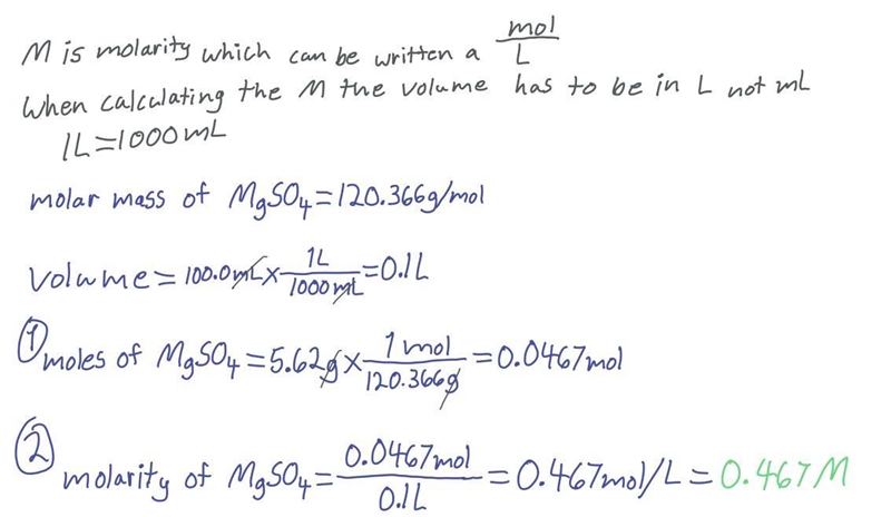 Concentrations- A student dissolves 5.62 grams of magnesium Sulfate, MgSO4, in 100.0 ml-example-1