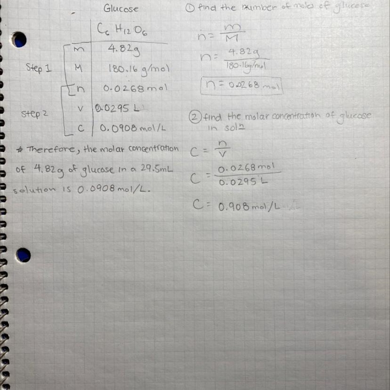 7. What is the molar concentration of glucose in a solution containing 4.82 g of glucose-example-1