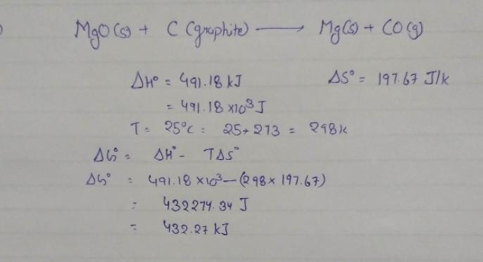 Calculate the standard free energy change, ΔG°, for the following at 25 °C: MgO(s-example-1