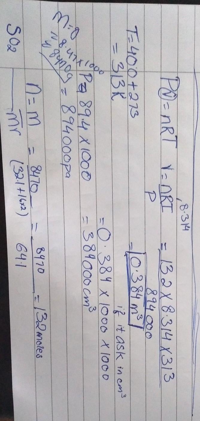 What volume will 8.47 kg of sulfur dioxide gas occupy at a pressure of 89.4 kPa and-example-1