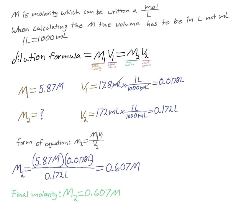 Concentrations- What is the final molarity of HCI if water is added to 17.8 mL of-example-1