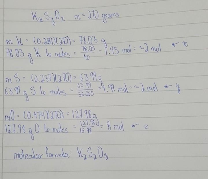 An ionic compound is found to contain 28.9% potassium, 23.7% sulphur and 47.4% oxygen-example-1