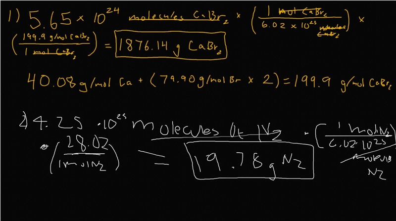 Determine the mass of the following. a) 5.65 x 1024 molecules of CaBr2 b) 4.25 x 1023 molecules-example-1