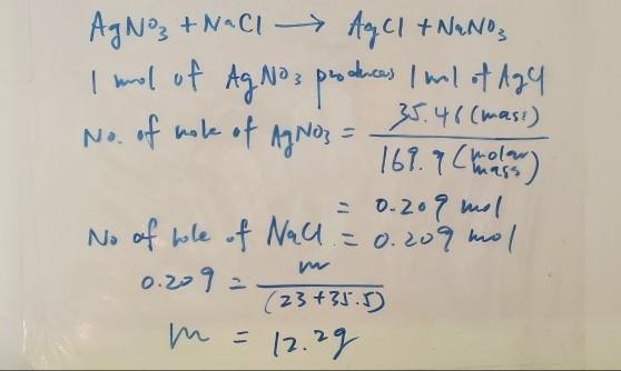 35.46 g silver nitrate reacts with 52.61 g sodium chloride to produce silver chloride-example-1