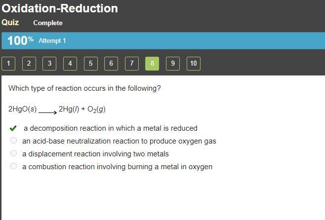 Which type of reaction occurs in the following? 2HgO(s) Right arrow. 2Hg(l) + O2(g-example-1