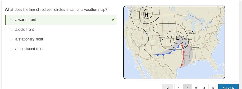 What does the line of red semicircles mean on a weather map? a warm front a cold front-example-1