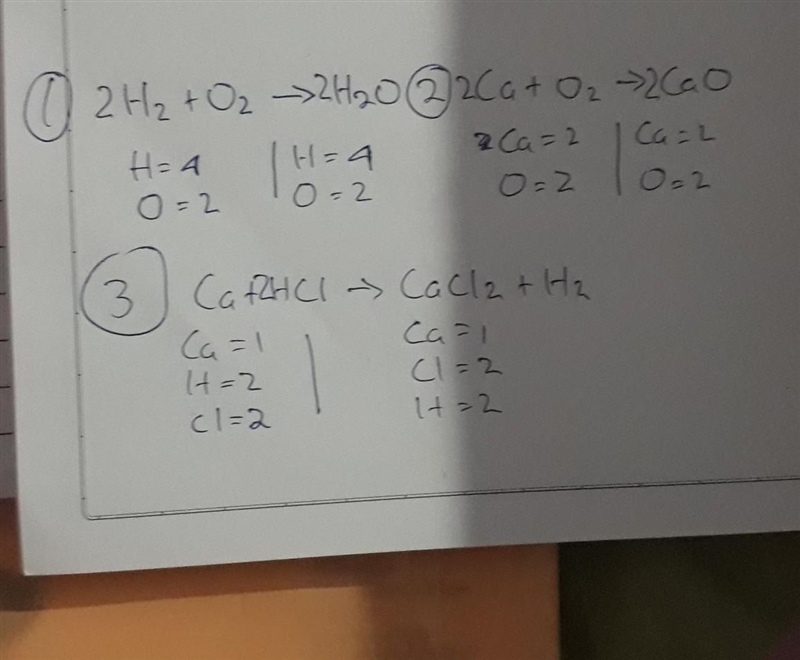 Balance The Equation SHOW WORK H2 + O2 → H2O Ca + O2 → CaO Ca + HCl → CaCl2 + H2-example-1