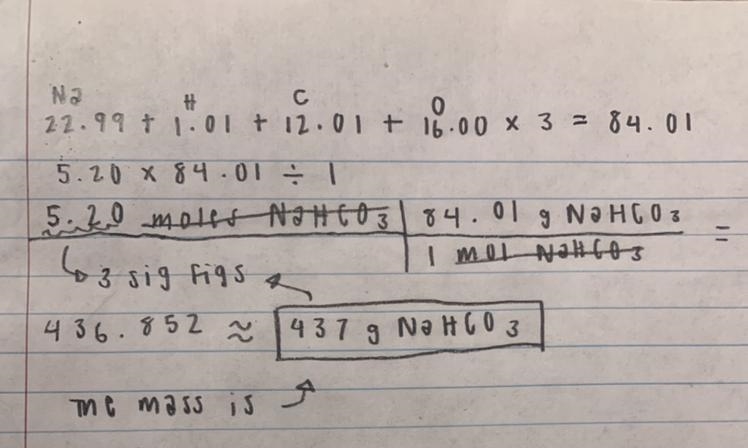 4) What is the mass of 5.20 moles of sodium bicarbonate, NaHCO3? Hint: To solve this-example-1