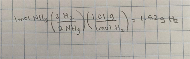 In the reaction :N2 + 3H2----2NH3 how many grams of H2 are needed to produce 1 mole-example-1