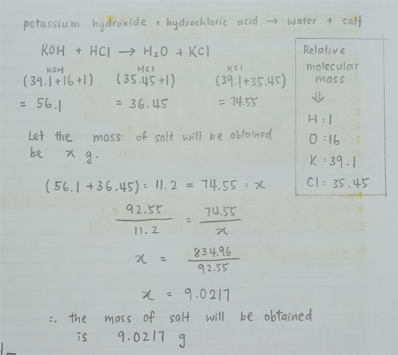 how much salt will be obtained, neutralizing 11.2 grams. potassium hydroxide and hydrochloric-example-1