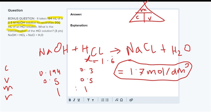 BONUS QUESTION - It takes 194 mL of a 0.5 M NaOH solution to neutralize 300 mL of-example-1