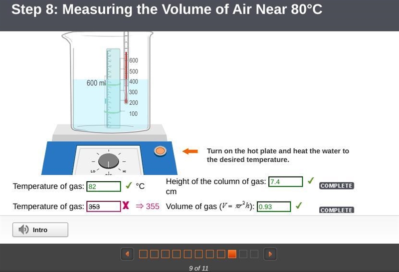 Step 8 measuring the volume of air near 80C ANSWERS Temp of Gas : 82C Height of Column-example-1