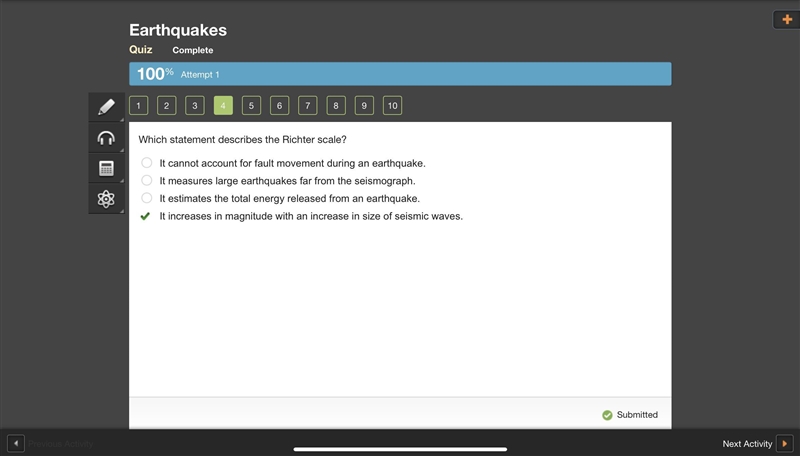 Which statement describes the Richter scale? It cannot account for fault movement-example-1