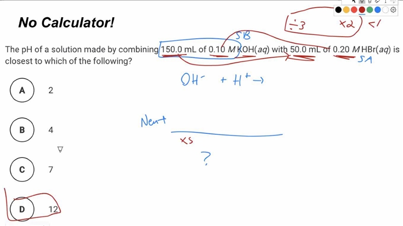 1. The pH of a solution made by combining 150.0 mL of 0.10 M KOH with 50.0 mL of 0.20 M-example-1