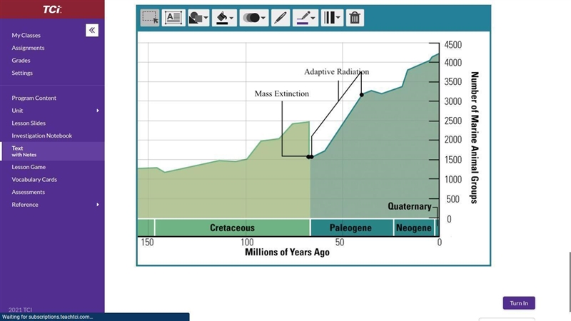 Add labels for mass extinction and adaptive radiation:-example-1