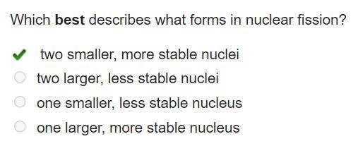 Which best describes what forms in nuclear fission? two smaller, more stable nuclei-example-1