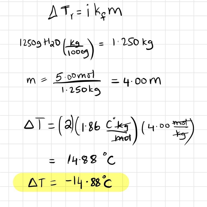 What is the freezing point of a solution that has 5.0 moles of Nal in 1250 g of water-example-1