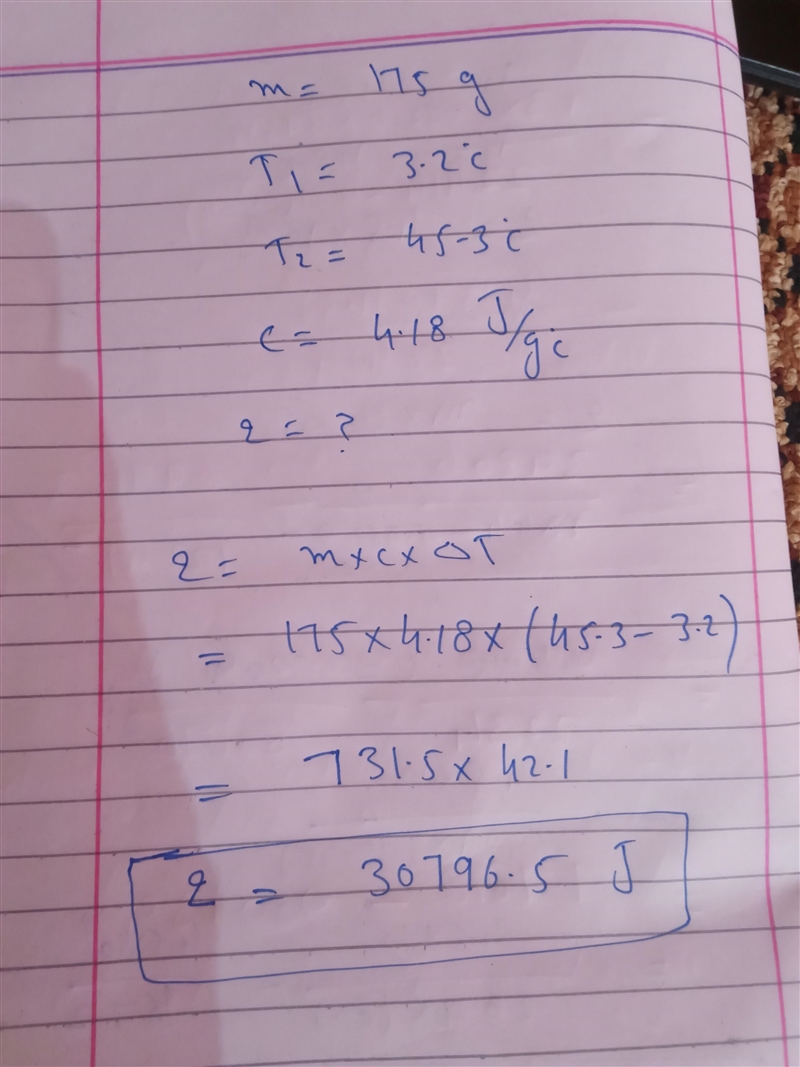 175.0 g of 3.2°C water is heated until its temperature is 45.3°C. If the specific-example-1