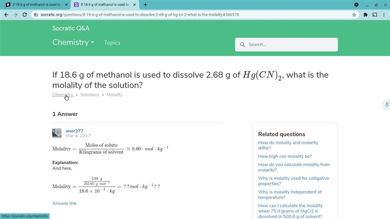 If 18.6 g of methanol is used to dissolve 2.68 g of Hg(CN)2, what is the molality-example-1