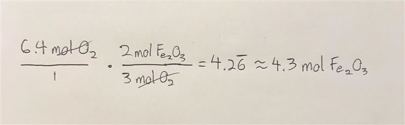 Given the following equation, how many moles of Fe2O3 can be produced from 6.4 moles-example-1