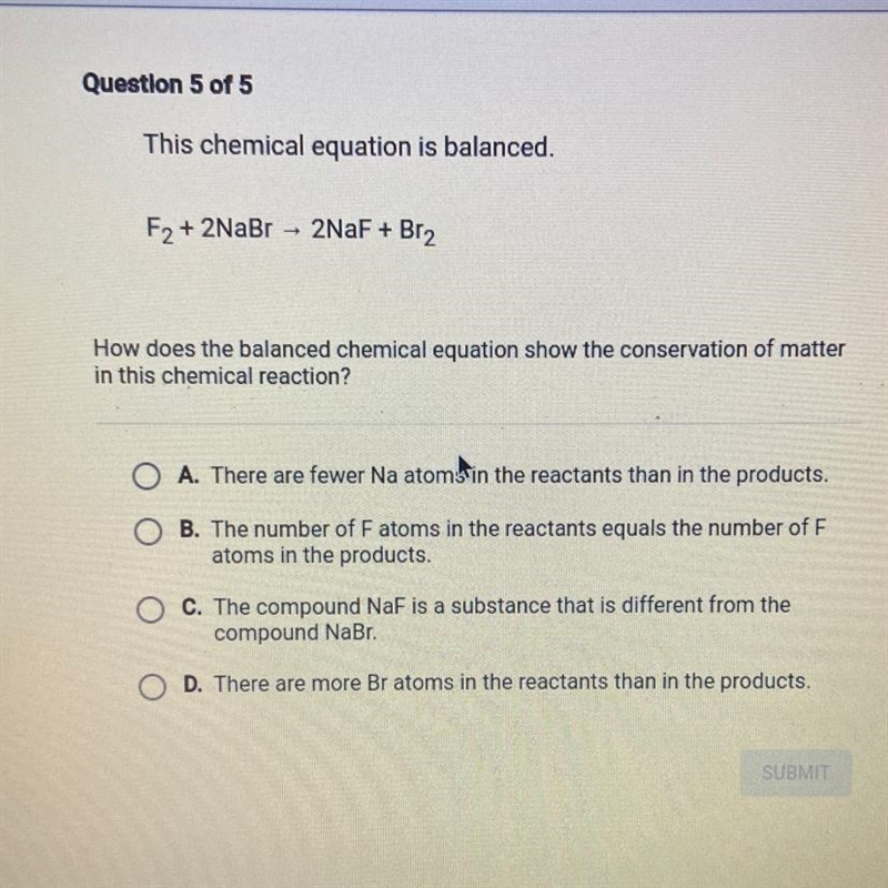 This chemical equation is balanced. F2 + 2NaBr 2NaF + Br2 How does the balanced chemical-example-1