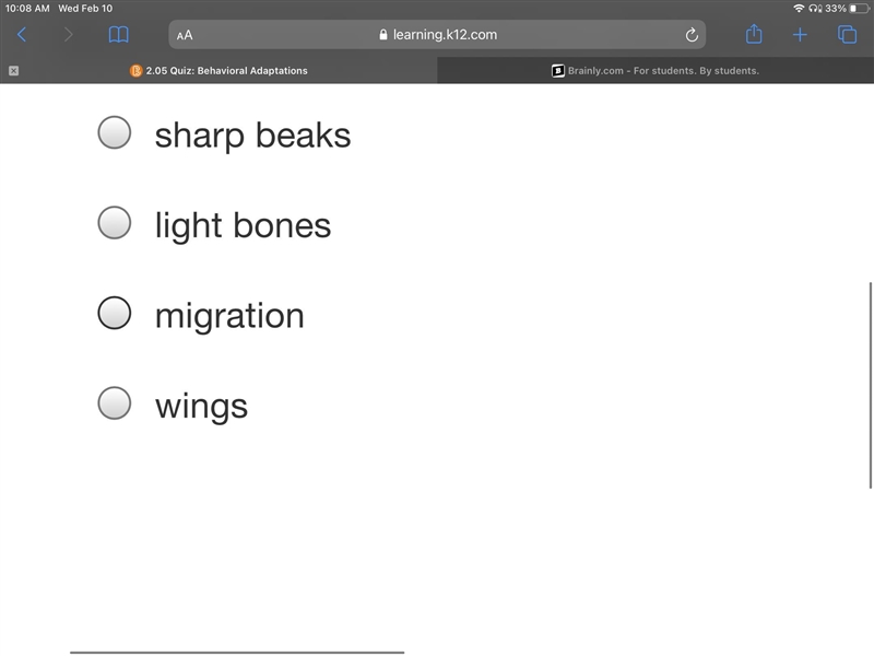 Which characteristic is a behavior adaptation in birds?-example-1