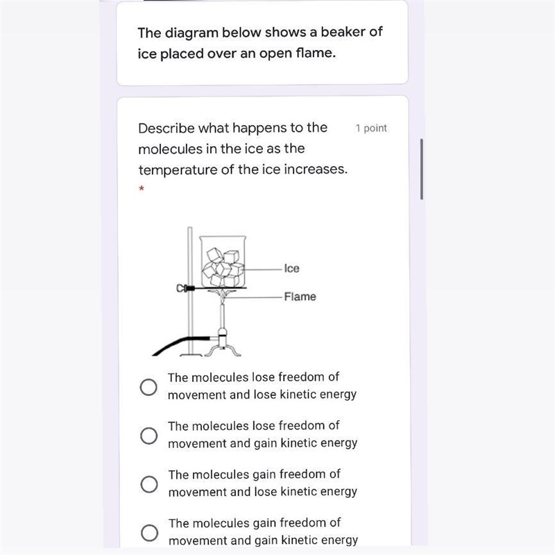 Describe what happens to the molecules in the ice as temperature of the ice increases-example-1