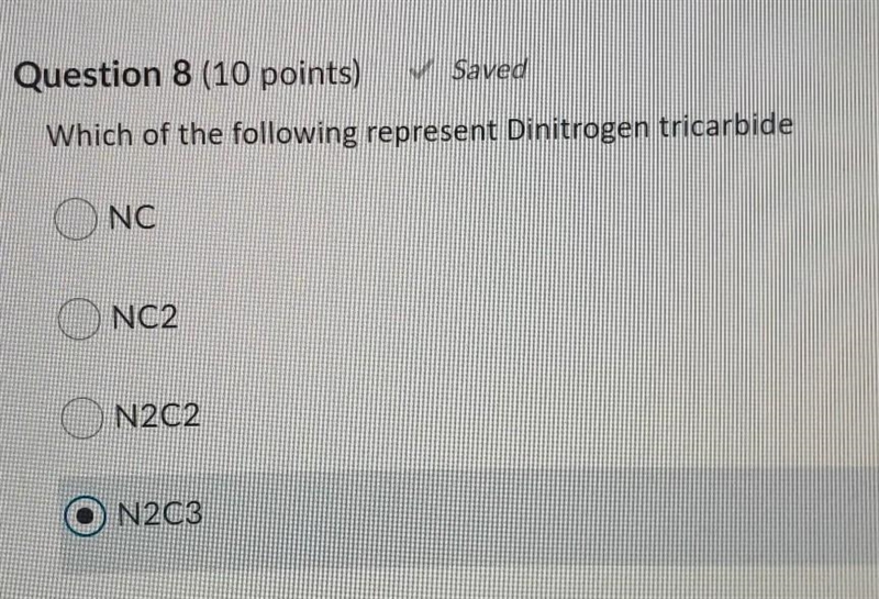 Which of the following represent Dinitrogen tricarbide 1) NC 2) NC2 3) N2C2 4) N203​-example-1