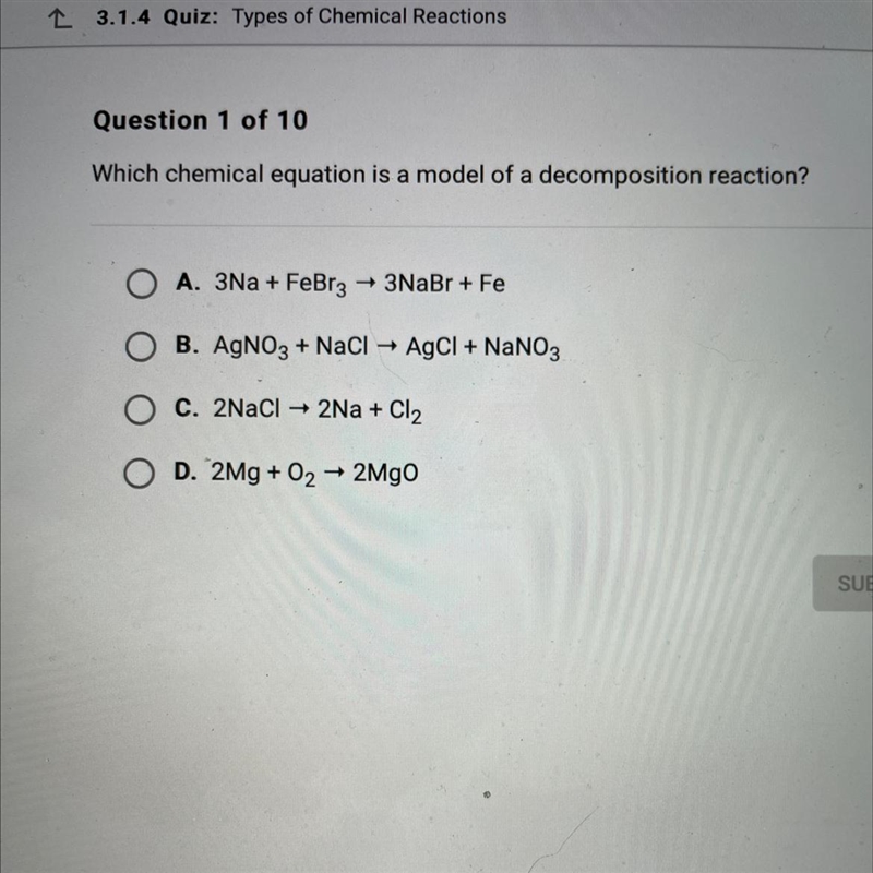 Which chemical equation is a model of a decomposition reaction?-example-1