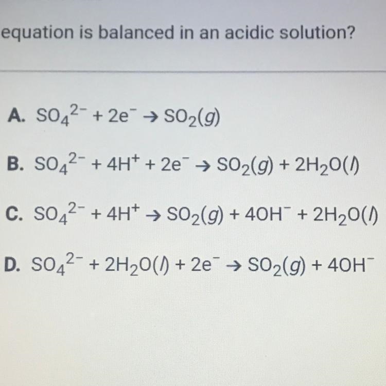 Which equation is balanced in an acidic solution?-example-1