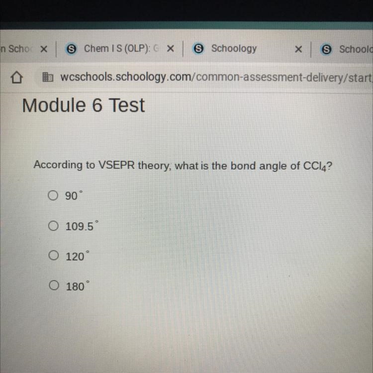 According to VSEPR theory, what is the bond angle of CCl4? a. 90 b. 109.5 c. 120 d-example-1