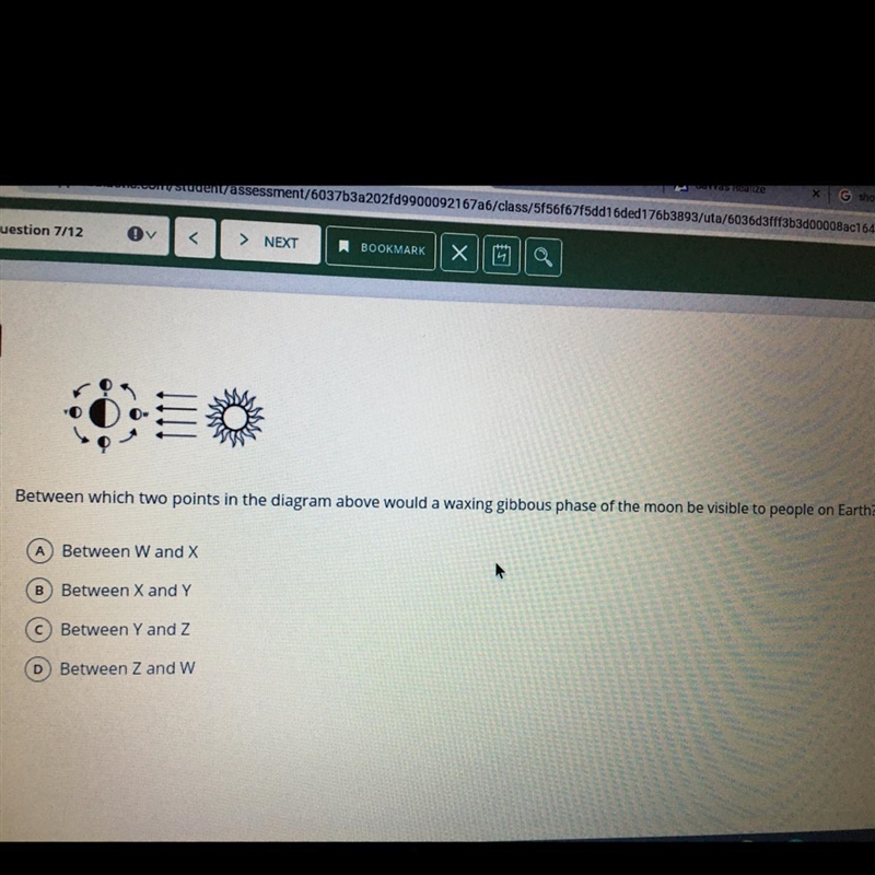 Between which two points in the diagram above would a waxing gibbous phase of the-example-1