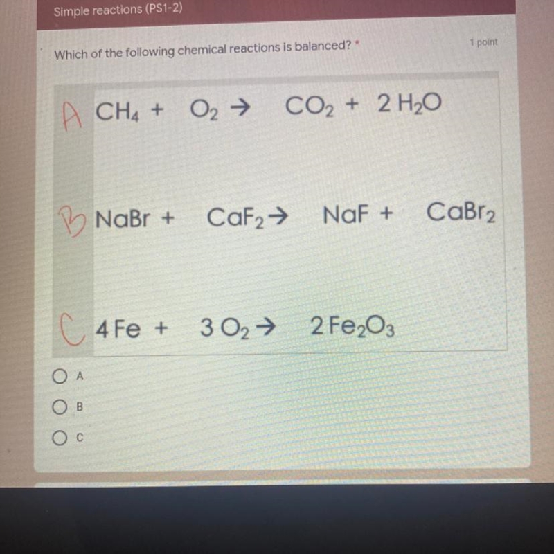 Which of the following chemical reactions is balanced?-example-1