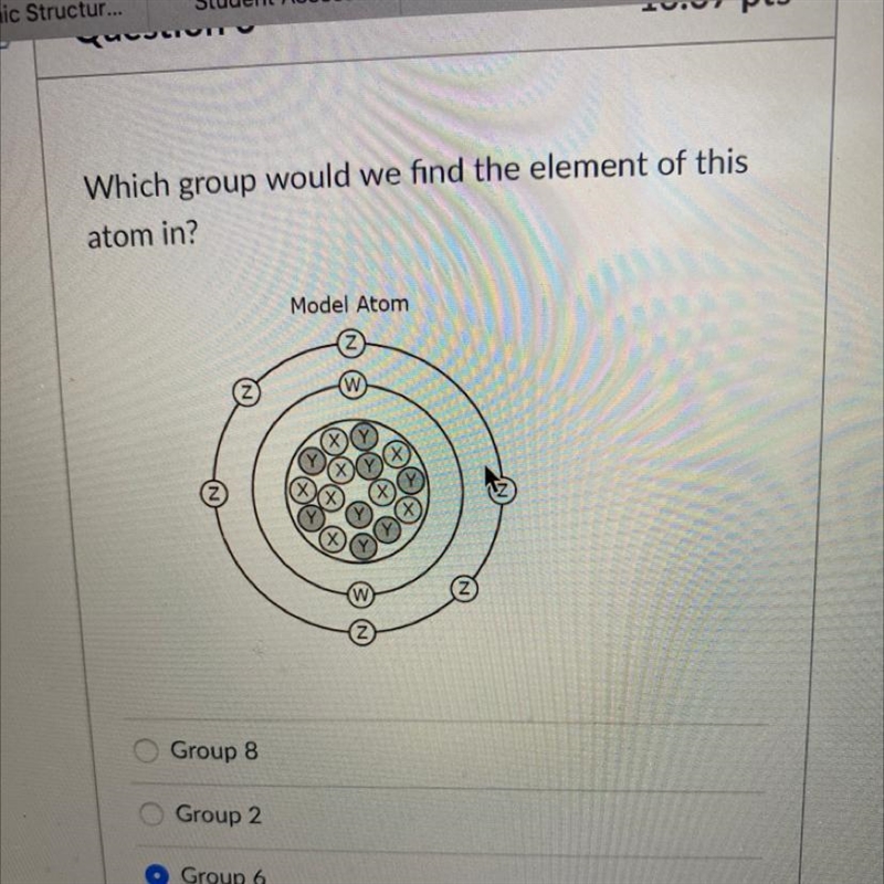 Which group would we find the element of this atom in? group 8 group 2 group 6 group-example-1