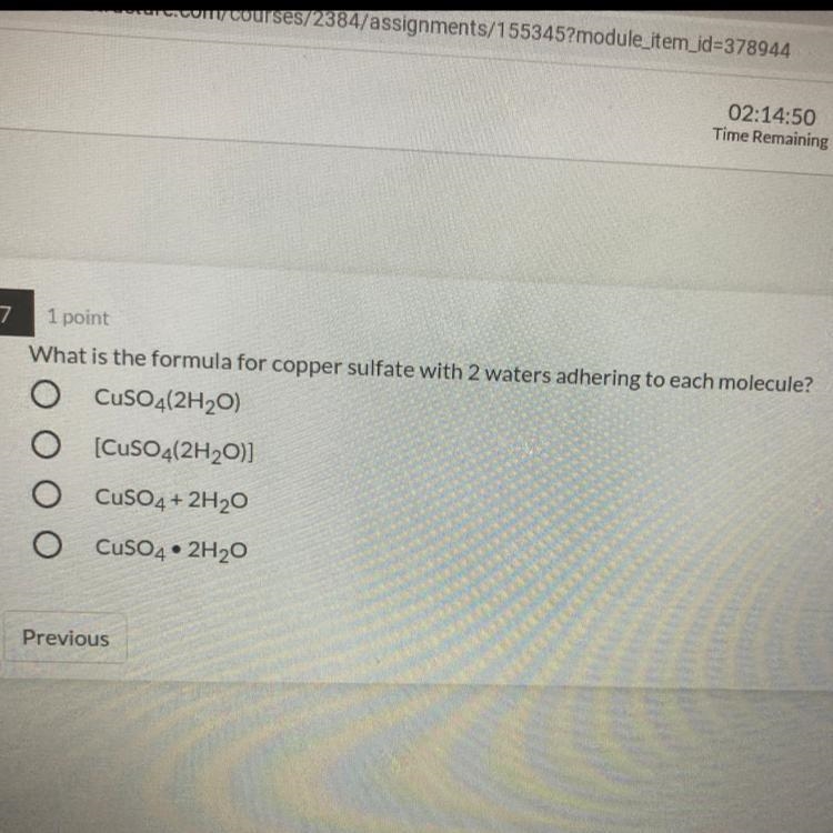 What is the formula for copper sulfate with 2 waters adhering to each molecule?-example-1