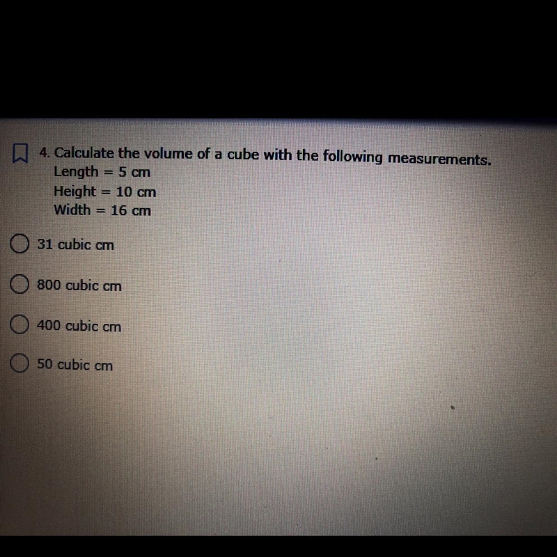 Calculate the volume of a cube with the following measurements length= 5cm height-example-1