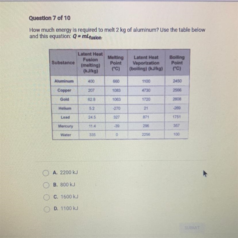 Question 7 of 10 How much energy is required to melt 2 kg of aluminum? Use the table-example-1