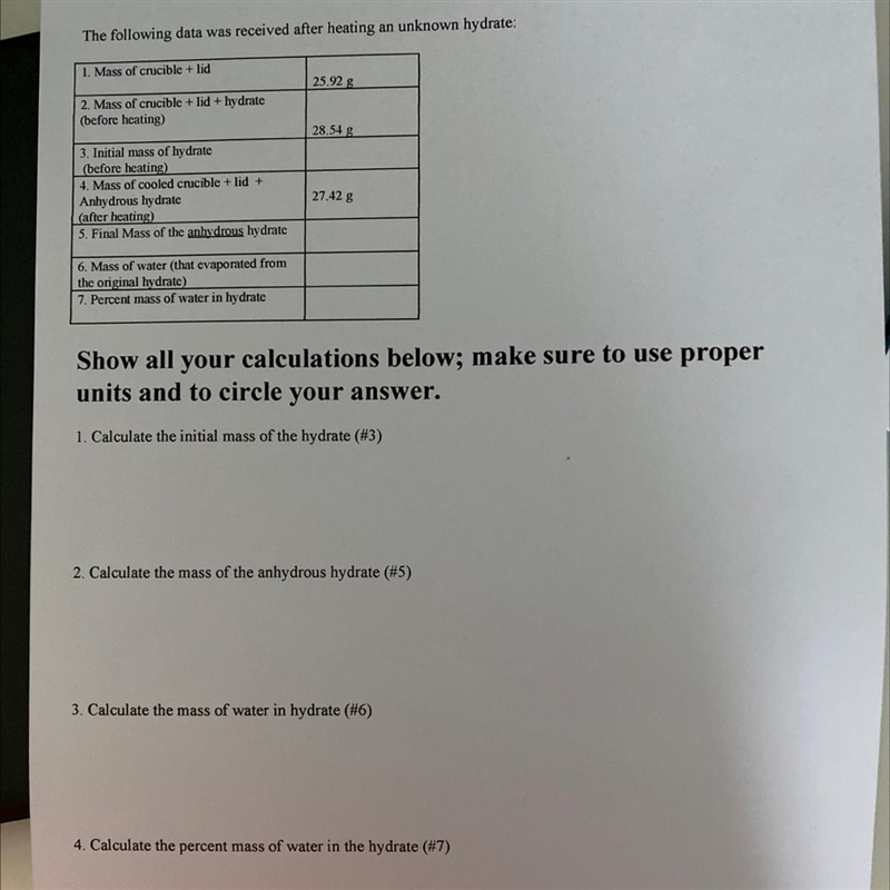 Identification of an unknown hydrate: help me solve for these things please!-example-1