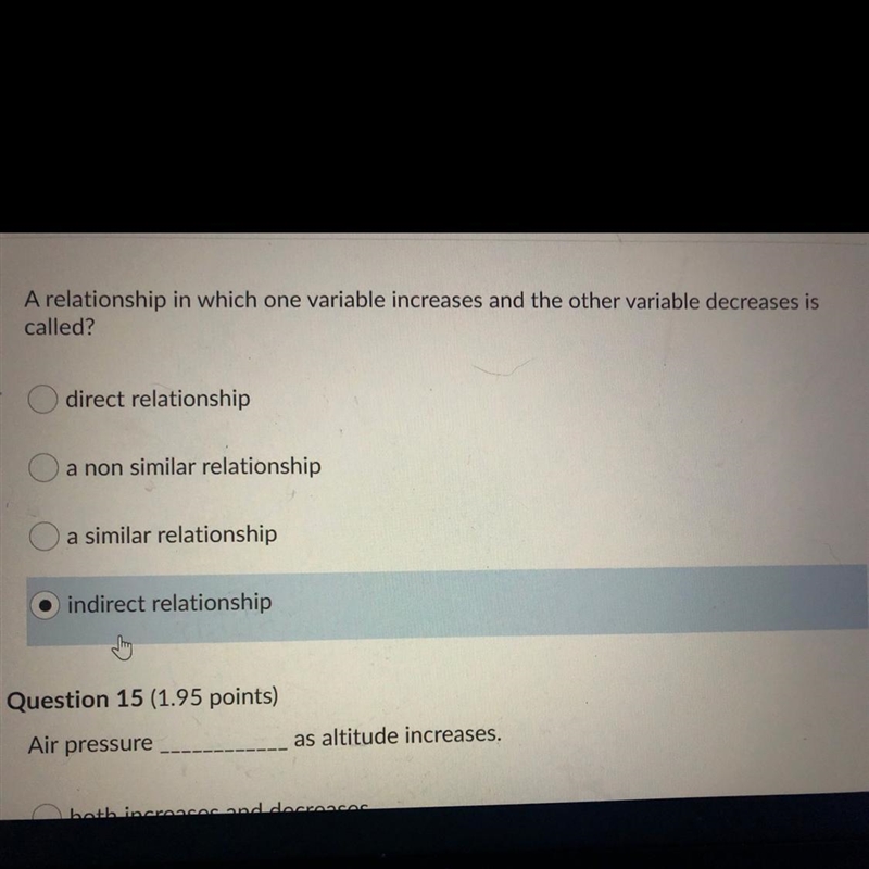 A relationship in which one variable increases and the other variable decreases is-example-1