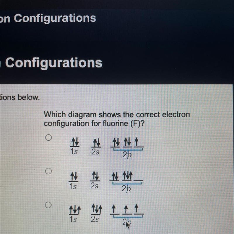 Ons below. Which diagram shows the correct electron configuration for fluorine (F-example-1