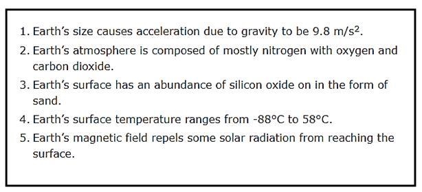 Which of the following characteristics of the Earth are essential to the existence-example-1