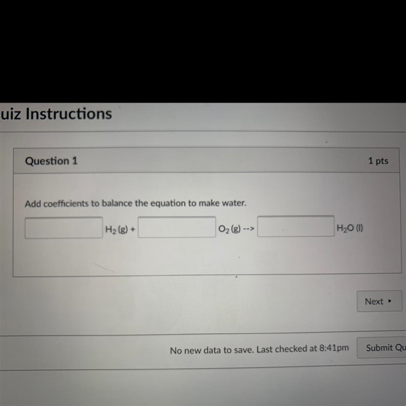 Add coefficients to balance the equation to make water. H2(g) +O2 (g)H20 (1)-example-1