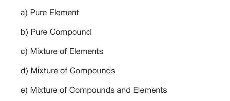 Label each of the following 15 samples of matter as one of the following:-example-2